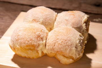 Modern bakery with many ingredients such as wheat flour, sugar, eggs, grains, fruit, butter, milk.