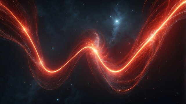Abstract depiction of a vibrant, flowing red energy wave against a dark, starry cosmic background.
