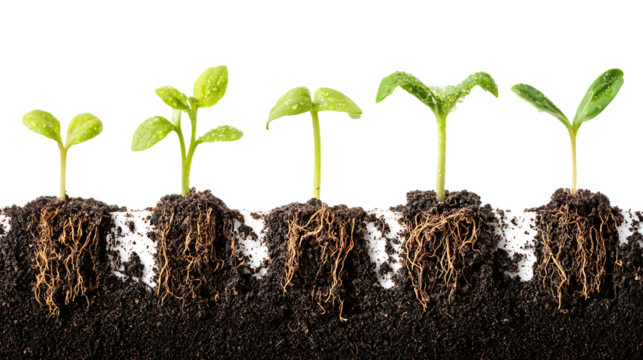 Seedling growth stages, roots and soil