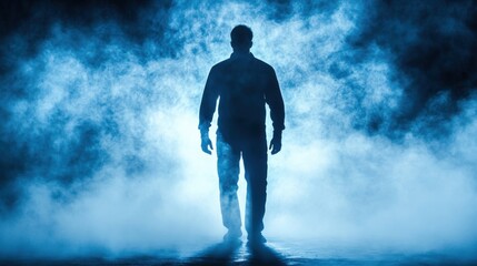 Man walking in blue fog.
