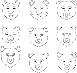 Nine Bear Face Illustrations: Line Art, Animal Portraits, Wildlife Designs