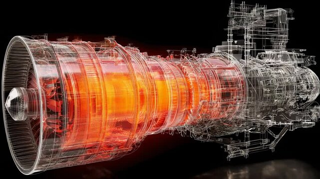 Jet engine schematic detailed wireframe with hot inner core against a black background