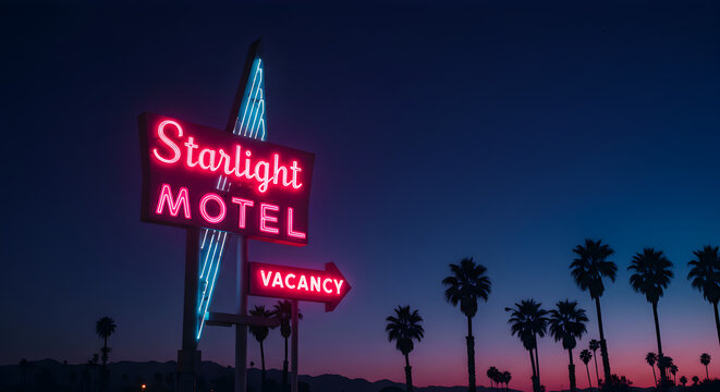 Starlight Motel Sign Under A Vibrant Sunset Sky With Palm Trees