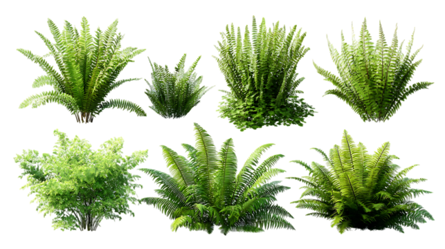 Collection of various ferns, isolated on transparent background.