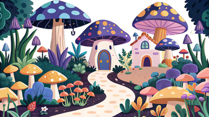 fairytale garden with whimsical mushrooms, winding tiny pathways, and magical forest vibes vector ideal for fantasy themes, storybooks, and children’s designs