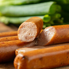 A close up of a chicken sausage with the inside cut open