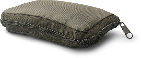 close-up of black fabric carrying case or pouch with zipper isolated white background, container...