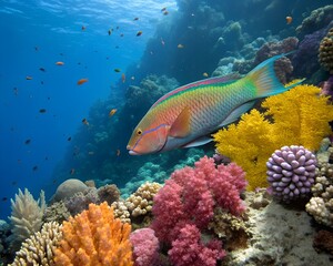 Fototapeta premium Male Fish Surrounded by Brightly Colored Coral in an Underwater Paradise