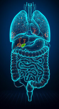 Detailed 3D anatomical model of the human digestive system, highlighting the gallbladder.