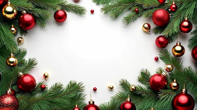 Festive Frame &ndash; A minimalist holiday frame with green pine branches and red, gold ornaments, perfect for greeting cards or festive christmas banners, copy space, zoom out