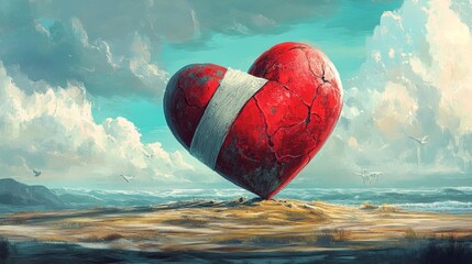 Bandaged, cracked red heart stands alone on a sandy shore beneath a partly cloudy sky