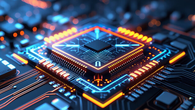 High-tech processor glowing in neon orange and blue tones, surrounded by detailed circuitry, perfect for technology, innovation, and digital industry themes.