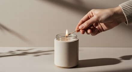 Neutral-toned image of a hand lighting a candle in a matte ceramic jar, clean background, soft shadows, evoking a minimalist calm mood with a cozy touch.