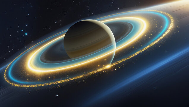 Cinematic close-up of Saturn with glowing golden and blue rings, realistic textures, and deep space background, high contrast cosmic scene.