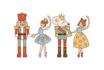 Illustration of christmas nutcracker ballerina and mouse characters isolated on transparent background © Boo