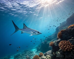 Fototapeta premium Male Fish Gliding Through Deep Blue Waters – A Serene Underwater Moment