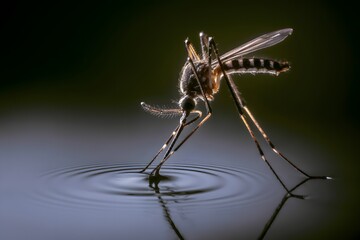 Mosquito standing on water surface creating ripples in the dark