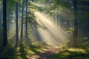 On a spring morning shrouded in fog, a country road stretches through the forest