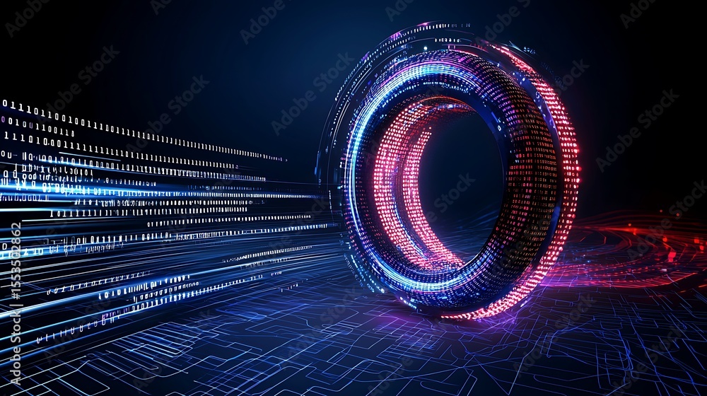 Poster digital sphere with code and light trails in dark