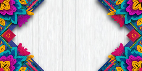 Vibrant Floral Frame on White Wooden Background