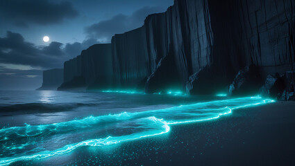 Night beach with glowing bioluminescence and misty cliff background. Great for adventure content, sci-fi themes, and magical landscape promotions.