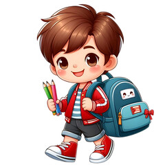Happy Smiling School Boy with backpack Standing Isolated on Transparent Background, Holding Backpack, Cheerful Child Ready for School Education Concept