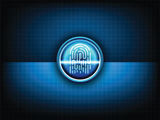 Futuristic fingerprint scanner interface for digital identity verification, biometric authentication, cyber security system, and forensic access control concept in abstract vector style for technology