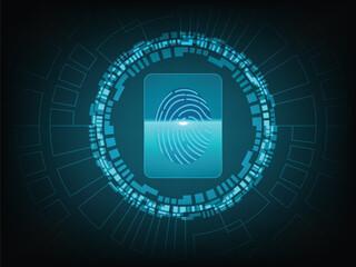 Futuristic fingerprint scanner interface for digital identity verification, biometric authentication, cyber security system, and forensic access control concept in abstract vector style for technology