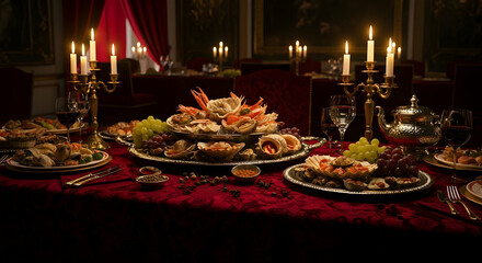 Lavish Banquet Table Filled with Seafood and Festive Treats for Celebration