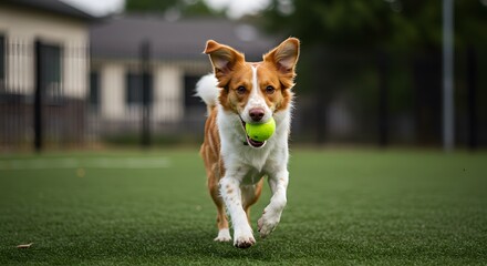 Dog Running with Tennis Ball in Mouth on Grassy Field in Outdoor Play Area