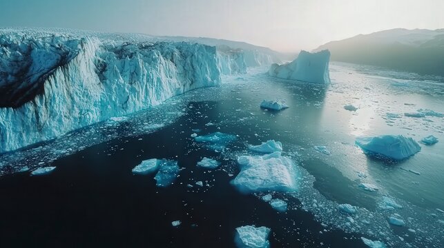Fjord with boat, snow-capped mountains and autumn slopes. Glacier wall over icy water with chunks. Aurora over snow-covered pine forest. Aurora over frozen lake with snowy trees. - Powered by Adobe