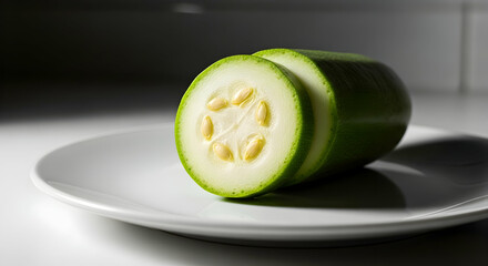 Sliced Green Zucchini Showing White Flesh and Seeds on White Plate