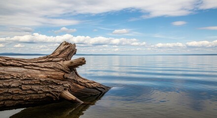 A weathered driftwood log rests on the calm surface of a vast lake under a cloudy sky
