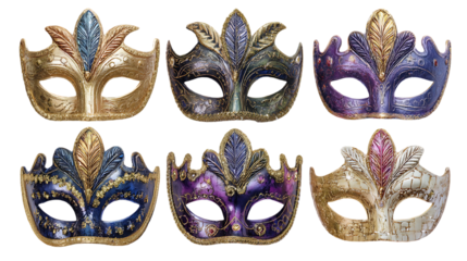 Six Venetian masks in gold, purple, and blue.