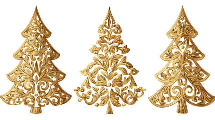 Three ornate golden Christmas trees, perfect for holiday designs.