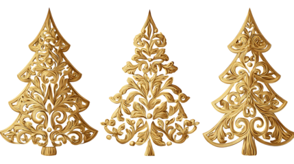 Three ornate golden Christmas trees, perfect for holiday designs.