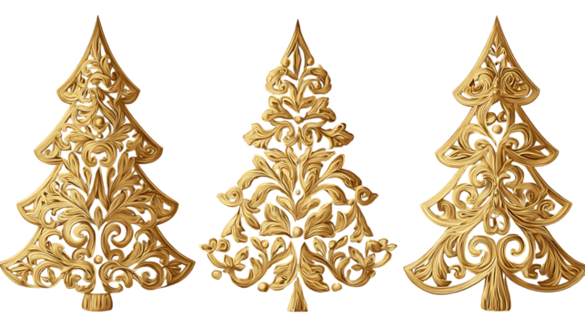 Three ornate golden Christmas trees, perfect for holiday designs. - Powered by Adobe