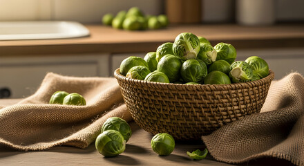 Harvested Brussels Sprouts Displayed in Woven Basket With Burlap Towel Backdrop