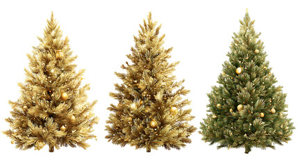 Three artificial Christmas trees in gold and green.