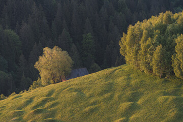 Mountain landscape in Transylvania. Rural scene at the foot of the Carpathian Mountains