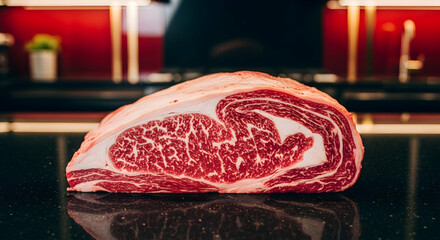 Marbled Prime Rib Eye Steak Ready For Cooking On Kitchen Counter