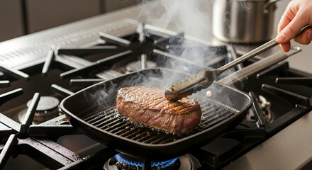 Juicy Beefsteak Sizzling On Grill Pan With Delicate Smoke On Stove
