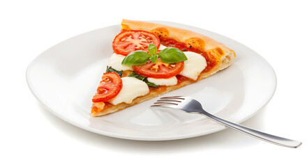 A slice of margherita pizza with fresh tomatoes, mozzarella, and basil, served on a modern white plate with a dessert fork. Isolated on a white background under soft diffused lighting