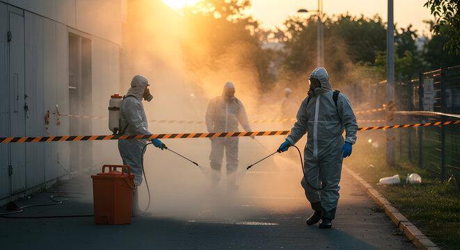 Sanitization Team In Hazmat Suits Disinfecting A Street Area For Viruses