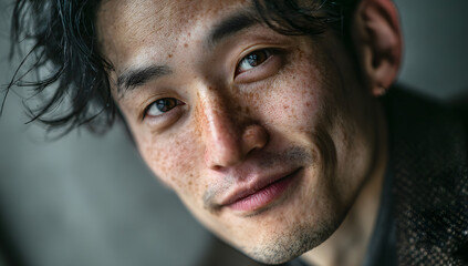 Obraz premium Close-up of a young Japanese man with thin hair.