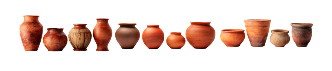 Pack of Collection of Rustic Clay Pots Earthenware Vases and Jugs for Design Inspiration against transparent Background