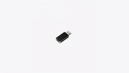 Sleek, minimalist black USB flash drive or memory stick, centrally placed and subtly angled on a pristine white background, representing digital data storage, technology, and portable information.
