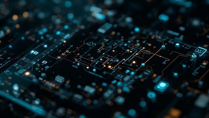 Intricate close-up of a glowing circuit board with interconnected blue and orange lines and nodes, representing advanced digital technology, data flow, and complex computing systems with bokeh effects