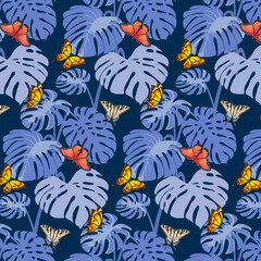 Bright butterflies on the leaves.Vector seamless pattern with bright butterflies on palm leaves.