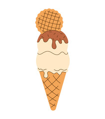 Flat hand drawn image of two scoops of ice cream soft, melted vanilla creamy in waffle cone isolated on transparent background. Summer flavor with chocolate topper. Vector illustration EPS10